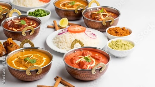 Arrangement Of Various Indian Dishes Served In Copper Bowls On White Surface