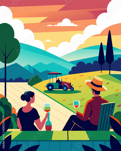 The sound of a distant tractor echoes through the quiet vineyard as a pair of remote workers take a break to enjoy a glass of wine on the veranda.. Vector illustration
