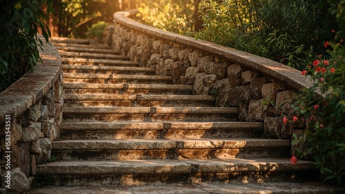 Charming stone stairway bathed in sunlight within a lush garden