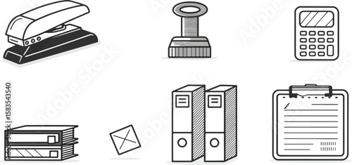 Minimalist Black and White Office Supplies Icons