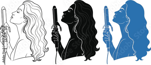 Vector design showing women styling hair with curling iron