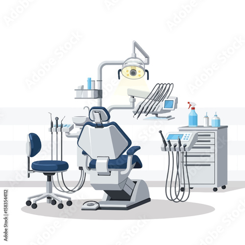 Illustration of a modern dentist's office with equipment and chair.