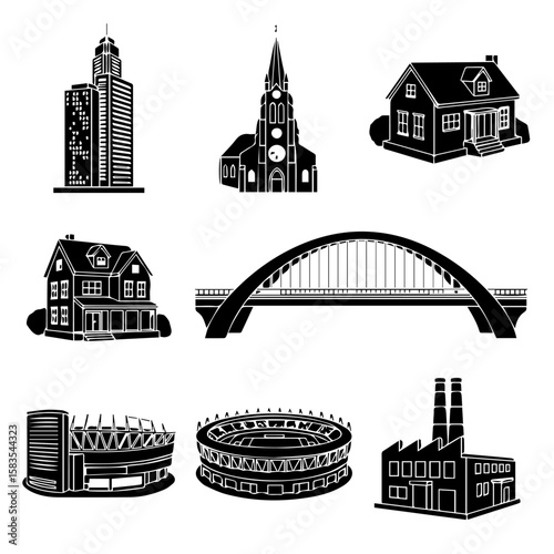 Silhouette icons featuring diverse architectural structures and landmarks