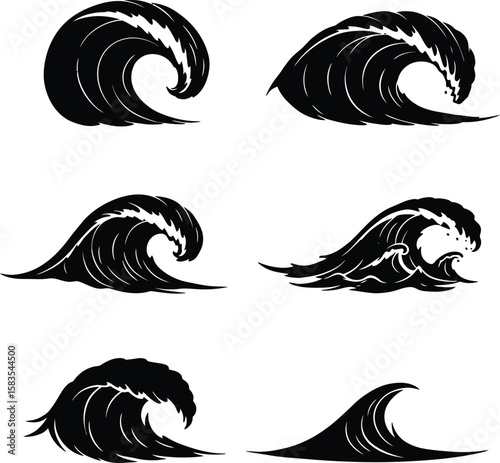Set of six black wave silhouettes isolated on white background