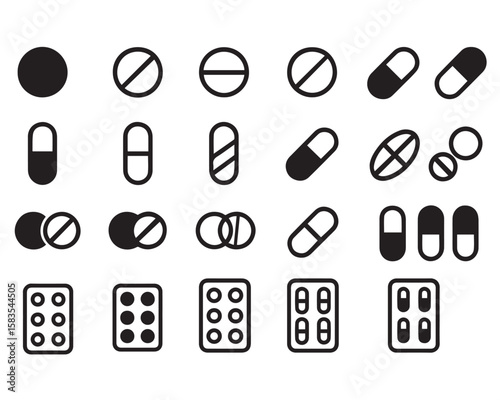 medical pills icon set balck in white background