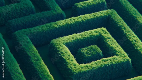 Intricate maze design features lush greenery, creating mesmerizing pattern of squares