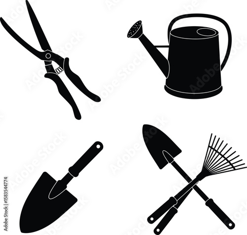 Collection of garden tools including shears watering can trowel and rake silhouette isolated on white background
