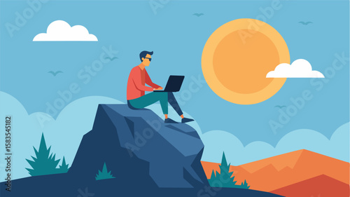 The remote worker perches atop a windswept rock typing away as the scorching sun beats down on the barren surroundings.. Vector illustration