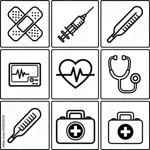 Outline Black and White Medical Equipment Collection Icon Set