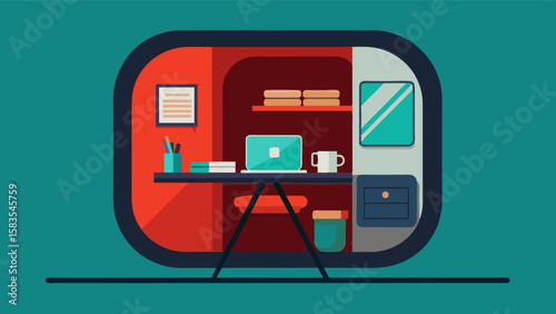 The pods spacesaving design incorporates a foldaway desk and storage compartments making it a perfect workspace for the roaming freelancer.. Vector illustration