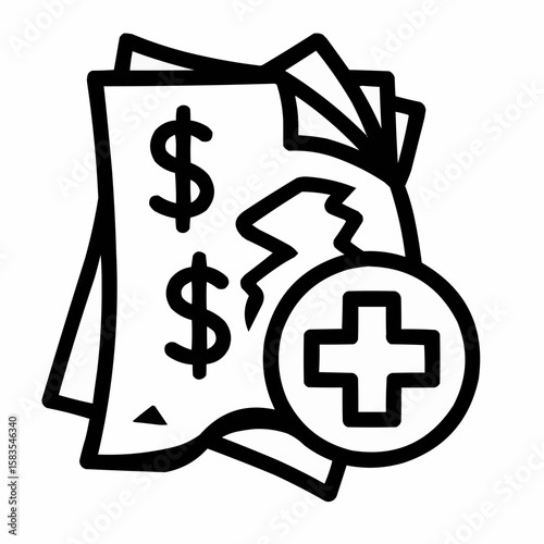 Filing papers with medical cross. Financial ruin symbol