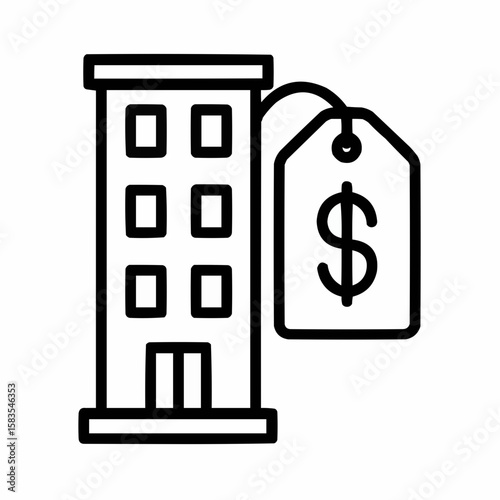 Building facade with oversized price tag. Facility cost visualization