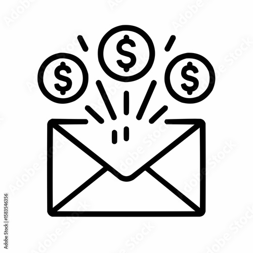 Envelope with exploding dollar signs. Clean black outline showing unexpected charges