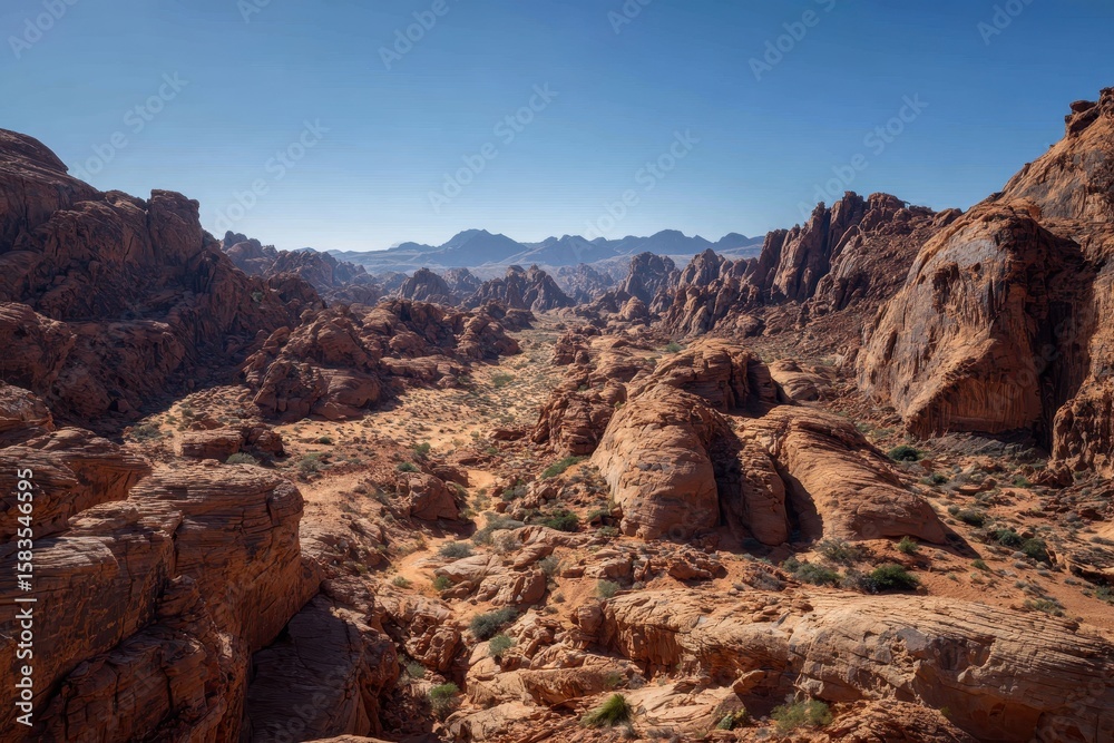 Fototapeta premium Wide desert landscape with rock formations under a clear sky on a bright sunny day