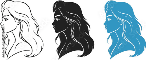Three stylized female faces profile, vector design art for beauty concept