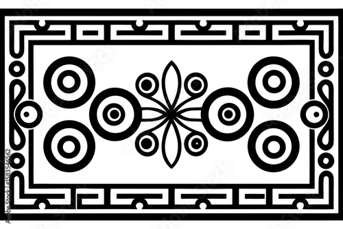Discover an elegant matte black rectangular border adorned with spiraled floral patterns and intricate maze like geometry against a transparent backdrop, silhouette