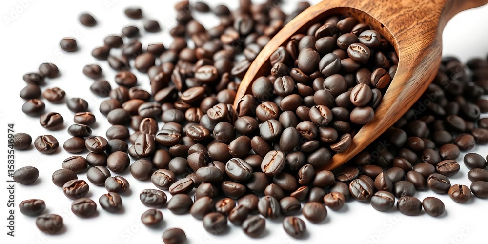 Fototapeta premium Dark roasted coffee beans overflowing from a rustic wooden scoop on pristine white background, product photography, latte
