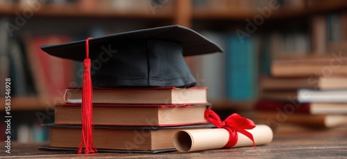 Black graduation cap with red ribbon and diploma on a stack of books, close-up view, blurred background Space for text copy space banner Generative AI