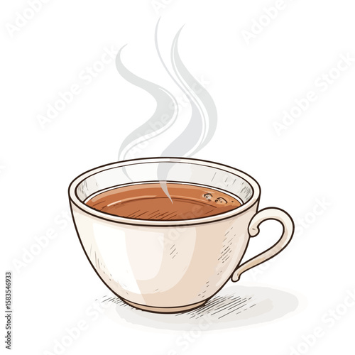 A steaming cup of tea or coffee in a flat artistic style, ideal for café designs, breakfast visuals, or relaxing beverage content.