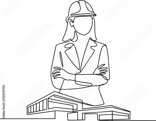 Continuous line art drawing of female engineer or architect with modern real estate building

