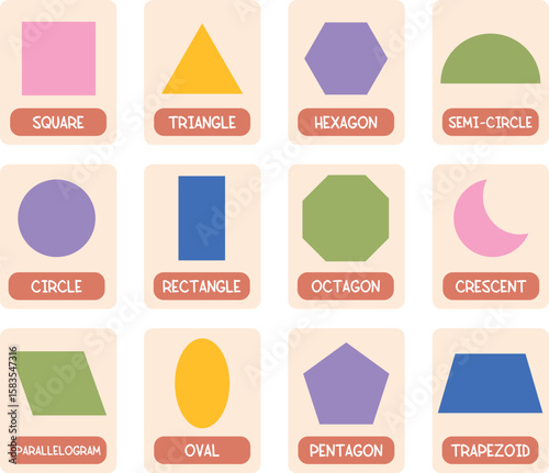 Colorful geometric shape flashcards for kids – fun and educational English learning set for preschool, homeschool, or early education. Perfect for playroom or classroom wall decor.