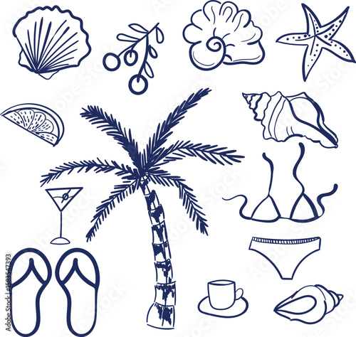 Hand-drawn vector icons or emblems inspired by  summer Italian or Greek vacations, created in a sketch style. Simple ink-style summer holiday illustrations, perfect for posters, placards, or prints.