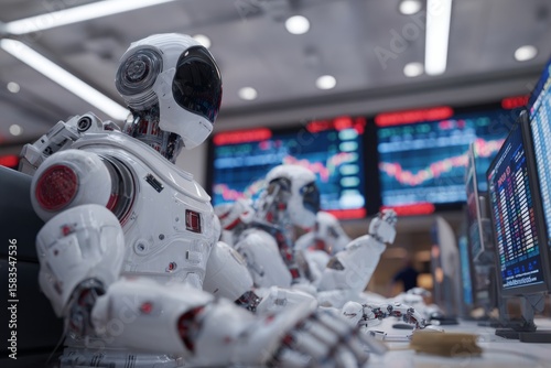 Wallpaper Mural Ai systems and robots revolutionize stock management in financial hub. Street market. Fluctuating stock graphs and currency values in real-time broadcast. Tech conference. Financial hub. Torontodigital.ca