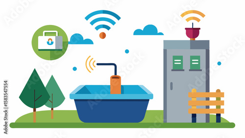An IoTenabled water trough that measures water intake and alerts farmers if there are any changes in consumption indicating a potential health issue.. Vector illustration