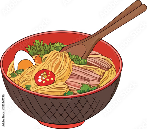 Colorful noodle dishes in detailed vector art showcasing traditional Asian cuisine, perfect for menus, food blogs, and culinary content.