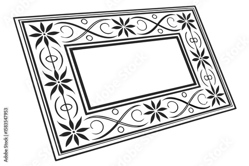 Refined matte black rectangular picture frame with intricate floral and geometric designs graces a clean white background, perfect as a decorative accent, silhouette
