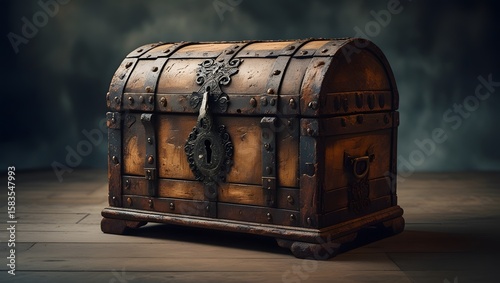 Antique Wooden Treasure Chest with Ornate Carvings
