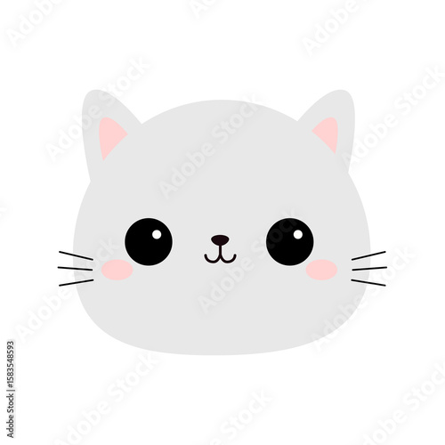 Cute white cat face head round icon. Kawaii kitten, kitty. Cartoon funny baby character. Sticker print. Flat design. White background. Isolated. Vector illustration