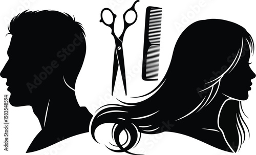 Hair salon logo with man, woman, scissors and comb silhouette