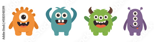 Happy Halloween. Monster set line. Funny cartoon kawaii baby character face. Cute colorful monsters silhouette icon. Horns, teeth, eyes, hands. Flat design. Childish style. White background. Vector
