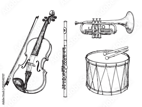 Engraved musical instruments set featuring violin trumpet flute and drum in vintage black and white style