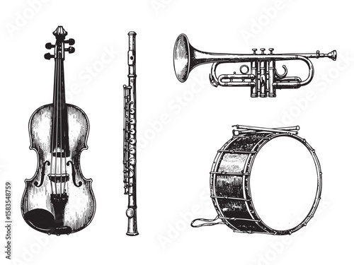 Engraved musical instruments set with violin trumpet flute and drum in hand-drawn vintage design