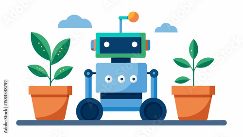 An intelligent robot planter with the ability to adapt to different soil conditions and adjust planting depth accordingly.. Vector illustration