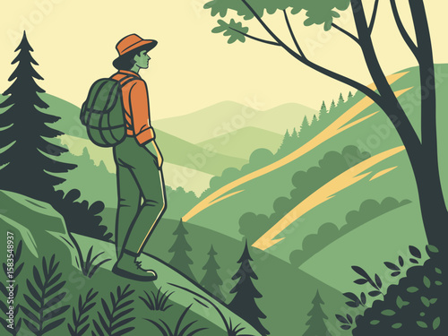 Man hiking in mountains, admiring valley view in modern flat illustration style