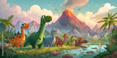 Fototapeta Naklejka Na Ścianę i Meble -  Colorful dinosaurs near a volcano in a lush prehistoric landscape