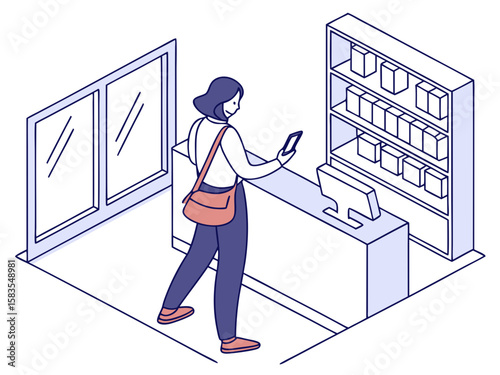 Woman paying with smartphone in store in modern flat illustration style