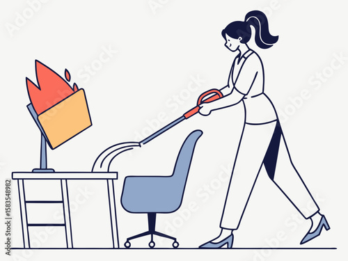 Woman spraying burning file folder with hose in modern flat illustration style