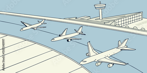 Airplanes parked face to face on sunny tarmac in modern flat illustration style