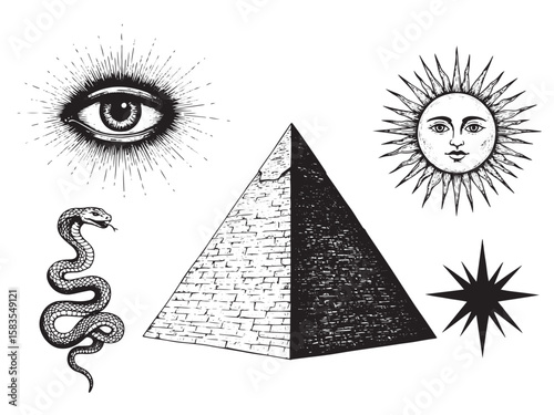 Mystical engraved symbols including eye pyramid serpent and sun in black and white spiritual set