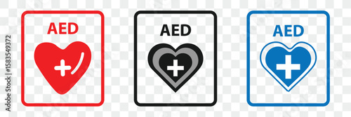 Set of AED emergency defibrillator icon sign symbol. First aid Automated external defibrillator. Eps 10.