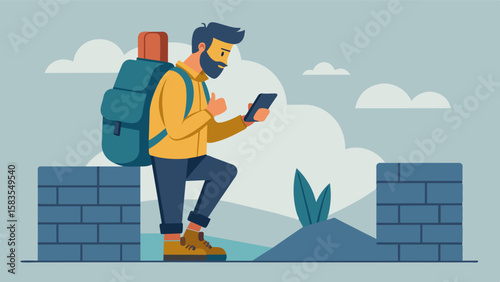 The nomads backpack filled with all their work essentials leaned against the stone wall beside them as they checked emails on their phone.. Vector illustration