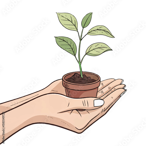 An artistic representation of a hand planting a seedling into soil, symbolizing growth, sustainability, and environmental care.