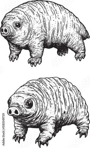 Tardigrade water bear moss piglet micro animal sketch engraving vector illustration. Tee shirt apparel print design. Scratch board style imitation. Black and white hand drawn image.