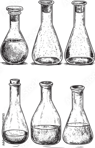 Chemical laboratory flasks sketch engraving vector illustration. Scratch board style imitation. Black and white hand drawn image.