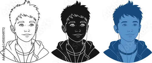 Boy portrait artwork in three color variations; vector design