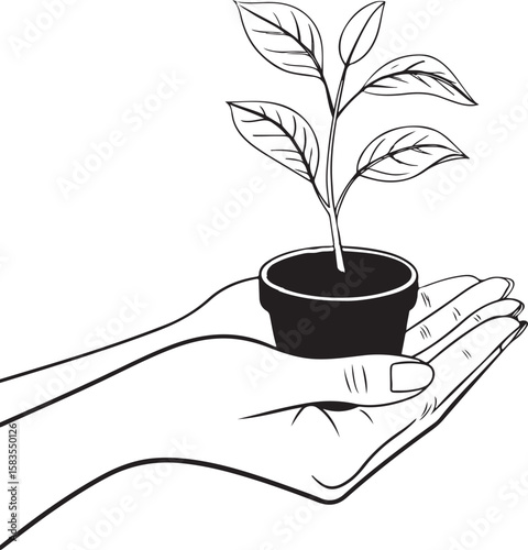 This illustration shows nature nurturing through hand and plant elements, ideal for eco-friendly and gardening-themed content.